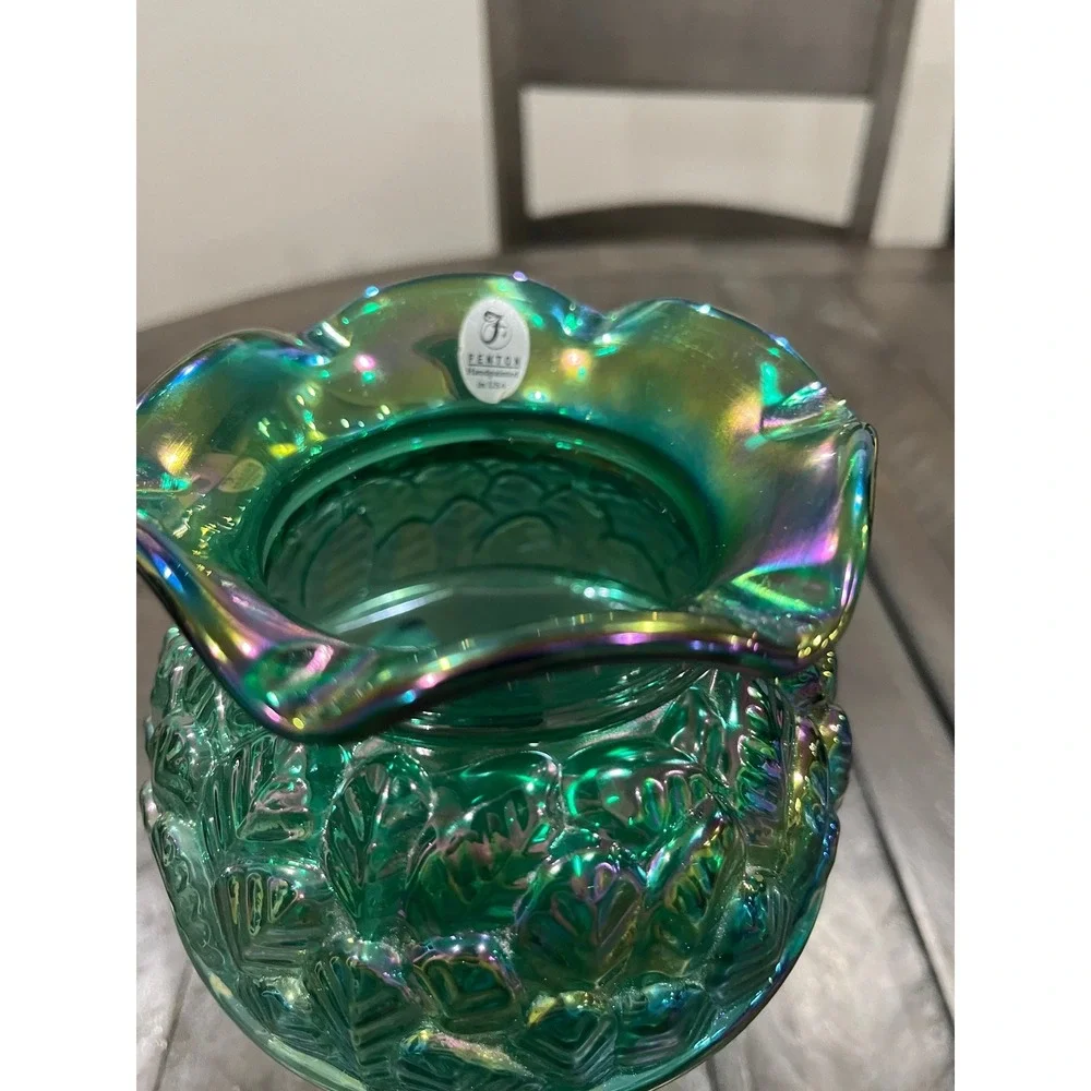 Vrg FENTON Designer Series Vase Emerald Green‎ Iridescent Purple Lily Signed